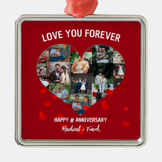 結婚記念日のカスタムハート写真コラージュ メタルオーナメント (正面)
