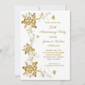 結婚記念日のゴールド ダイヤモンド 花柄 白 招待状 (正面)