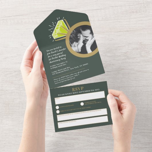 結婚記念日のパーティーでグリーンのペリドットの指輪 オールインワン招待状 (貼ってはがせる)