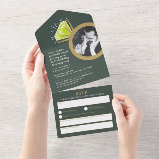 結婚記念日のパーティー グリーンペリドのリング オールインワン招待状 (貼ってはがせる)