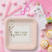結婚記念日のピーチピンクの白いレース ペーパープレート (パーティー)