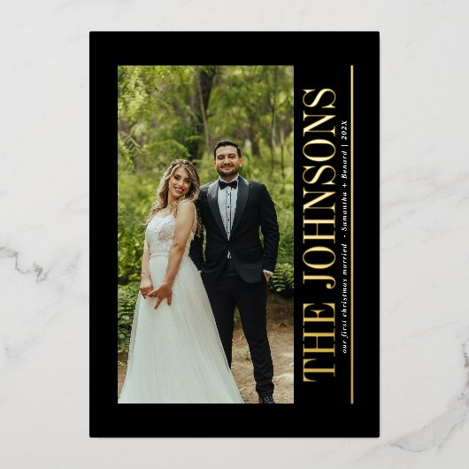 結婚記念日の最初のクリスマス 新婚夫婦の写真 箔シーズンカード (正面)