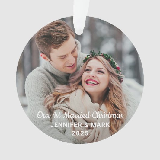 結婚記念日の最初のクリスマス 現代のウェディング写真 オーナメント (正面)