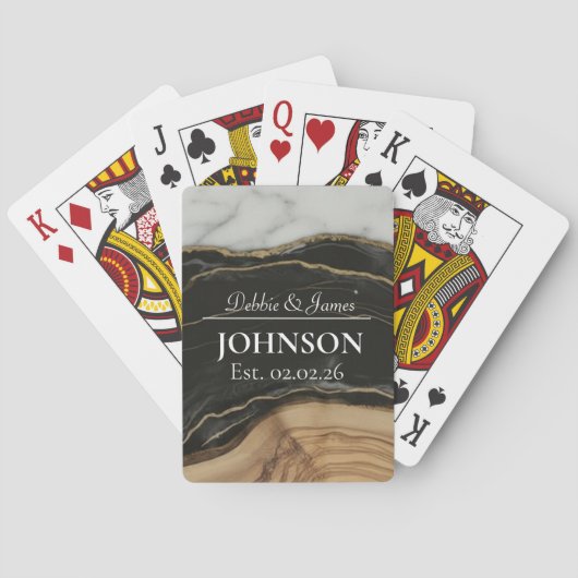 結婚記念日の木製 黒 白 アゲート 大理石 トランプ (裏面)