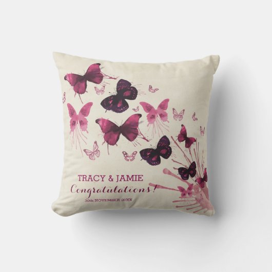 結婚記念日の水彩画のピンクの蝶 クッション (正面)