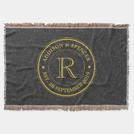 結婚記念日の金ゴールドのモノグラムの黒の革 スローブランケット