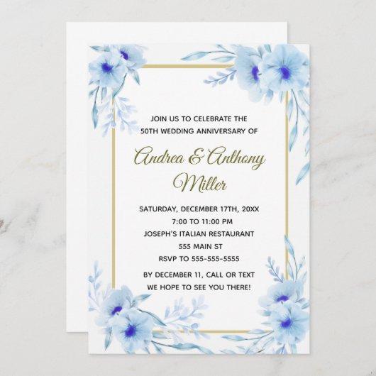 結婚記念日招待状 花柄 青 ゴールド 招待状 (正面/裏面)