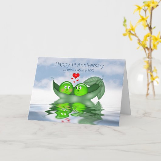 結婚記念日1周年おめでとう　二つの豆が一緒に カード (黄色い花)