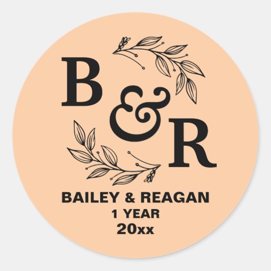 結婚記念日1周年 葉のモチーフ モノグラム ラウンドシール (正面)
