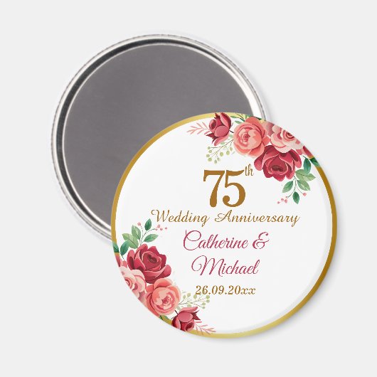 結婚記念日75周年記念 ゴールドフレームと花 マグネット (正面/裏面)