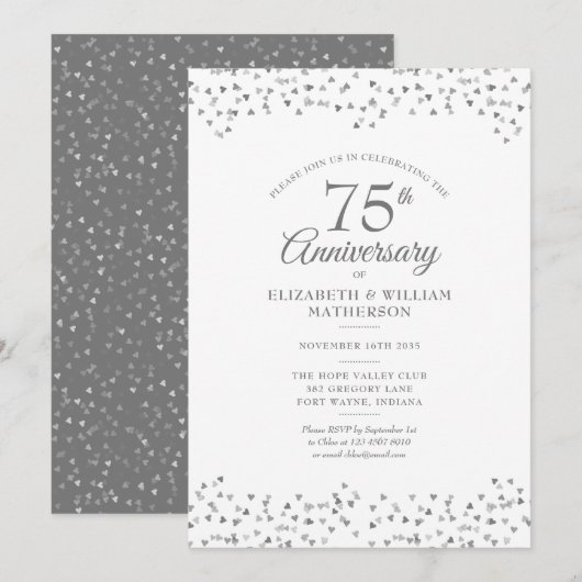 結婚記念日75周年 愛のハートの紙吹雪 招待状 (正面/裏面)