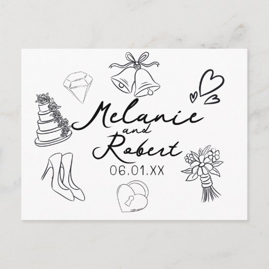 結婚記念日 ウェディング ドゥードル Save the Dates  シーズンポストカード (正面)