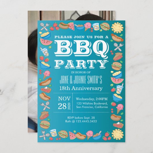 結婚記念日 ウェディング BBQ 誕生日パーティー バーベキュー 招待状 (正面/裏面)