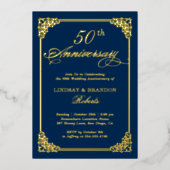 結婚記念日 ネイビーブルー ロココフレーム ゴールド 箔招待状 (正面)