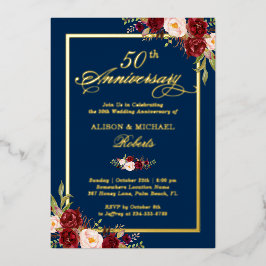 結婚記念日 ワインレッド フラワー リアルゴールド 箔招待状