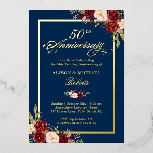 結婚記念日 ワインレッド フラワー リアルゴールド 箔招待状 (正面)