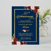 結婚記念日 ワインレッド フラワー リアルゴールド 箔招待状 (立ち正面)