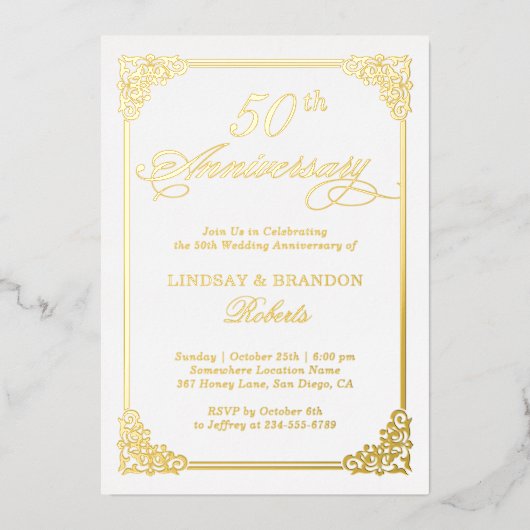 結婚記念日 ヴィンテージ ダマスク フレーム 本物の金 箔招待状 (正面)