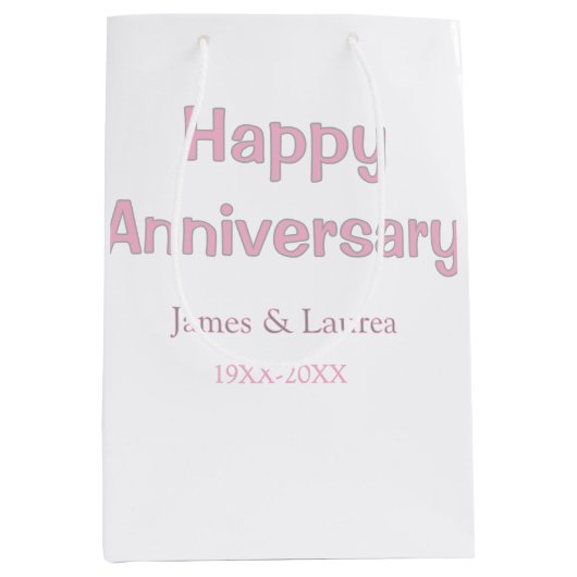 結婚記念日 名前 日付 年 ピンク グレー ミディアムペーパーバッグ (正面)