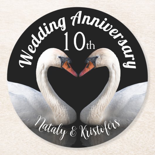結婚記念日　２羽の黒いスワン ラウンドペーパーコースター (正面)