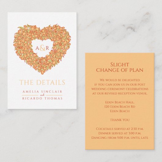 結婚詳細オレンジチューリップハートモノグラム エンクロージャーカード (正面/裏面)