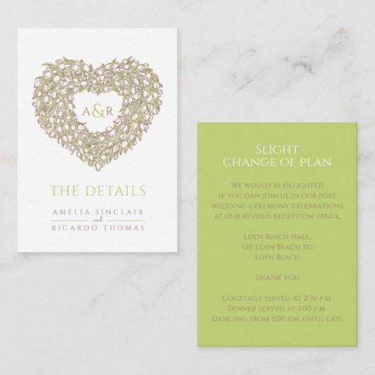 結婚詳細チューリップ花束モノグラム青褐色 エンクロージャーカード (正面/裏面)