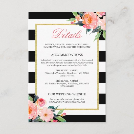 結婚詳細モダンフローラストライプ白黒 エンクロージャーカード (正面)