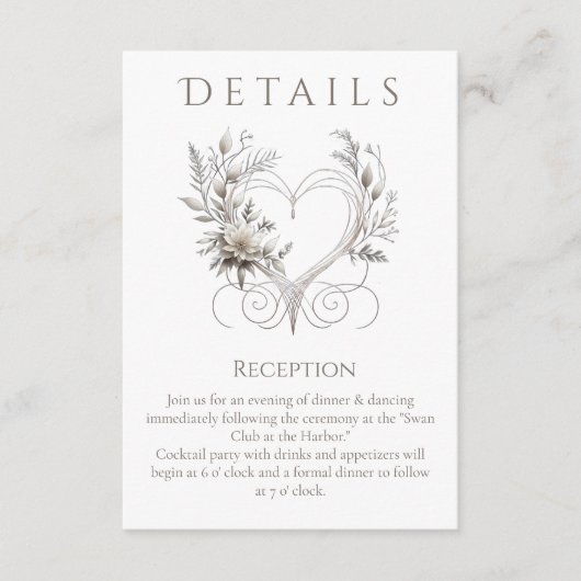 結婚詳細白モダンハートの花 エンクロージャーカード (正面)