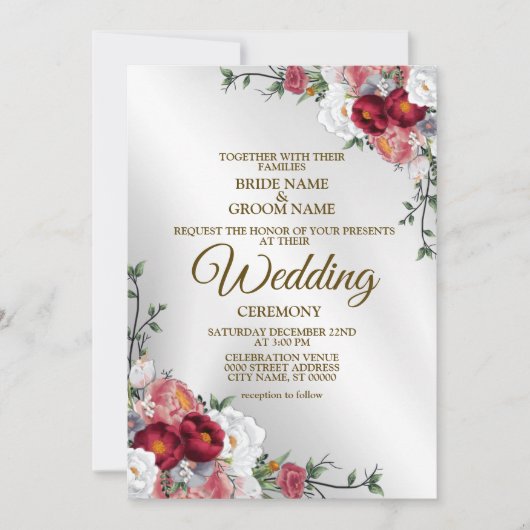 結婚赤カラフル白フローラ銀エレガント 招待状 (正面)
