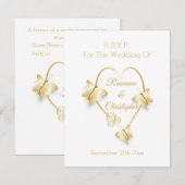 結婚返信ハガキ ゴールド ハート 蝶 出欠カード (正面/裏面)