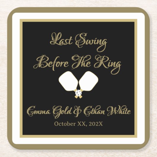 結婚週末のアクティビティPickleball金ゴールド&ホワイト スクエアペーパーコースター (正面)