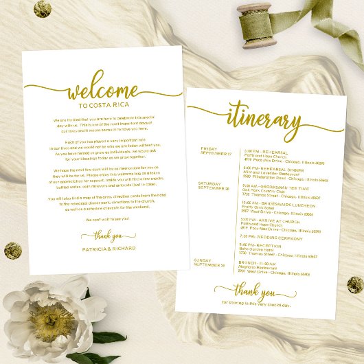 結婚週末の歓迎と旅程金ゴールド 招待状