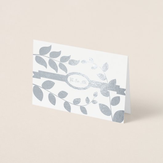 結婚銀葉の文字とイニシャルカスタム 箔カード (正面)