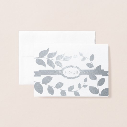 結婚銀葉の文字とイニシャルカスタム 箔カード (封筒付き正面)