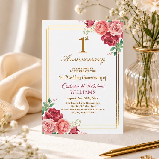 結婚1周年記念 ゴールドフレームと花模様 招待状