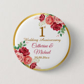 結婚1周年記念 ゴールドフレームと花 缶バッジ (正面)