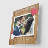 結婚1周年記念 - ラスティックウッド & ハート スクエア壁時計 (傾斜)