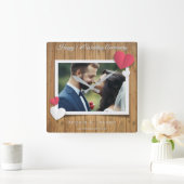 結婚1周年記念 - ラスティックウッド & ハート スクエア壁時計 (ホーム)