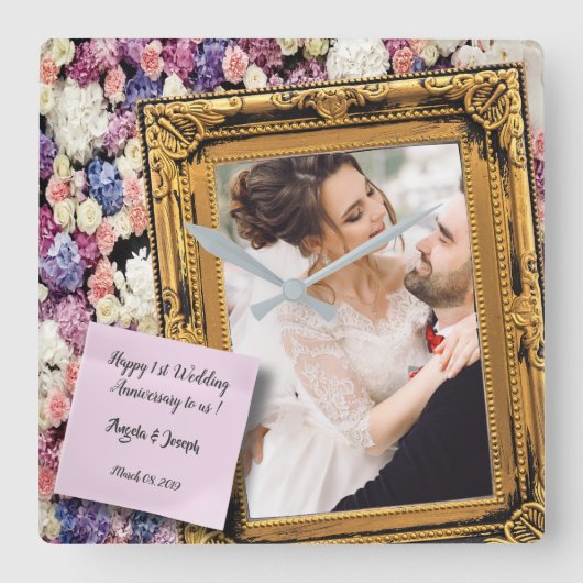 結婚1周年 花の古い木製フレーム スクエア壁時計 (正面)