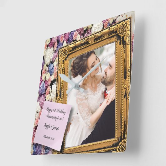 結婚1周年 花の古い木製フレーム スクエア壁時計 (傾斜)