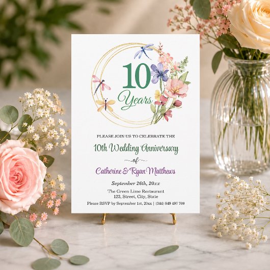 結婚10周年記念 ゴールドフレームと花 招待状