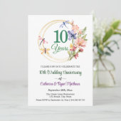 結婚10周年記念 ゴールドフレームと花 招待状 (スタンド正面)