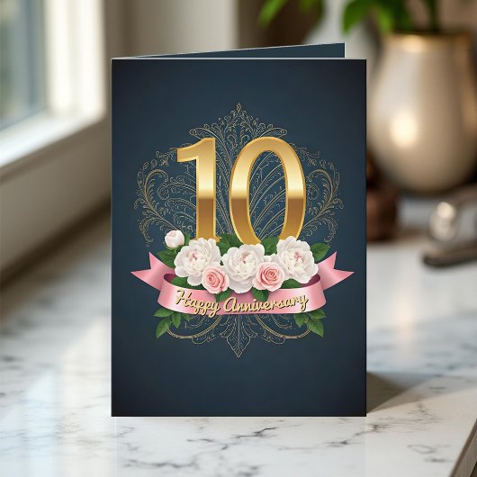 結婚10周年記念 ネイビーペオニーローズリボン カード