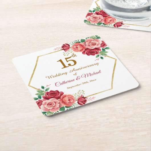 結婚15周年記念 ゴールドフレームと花 スクエアペーパーコースター (アングル)