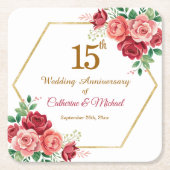 結婚15周年記念 ゴールドフレームと花 スクエアペーパーコースター (正面)
