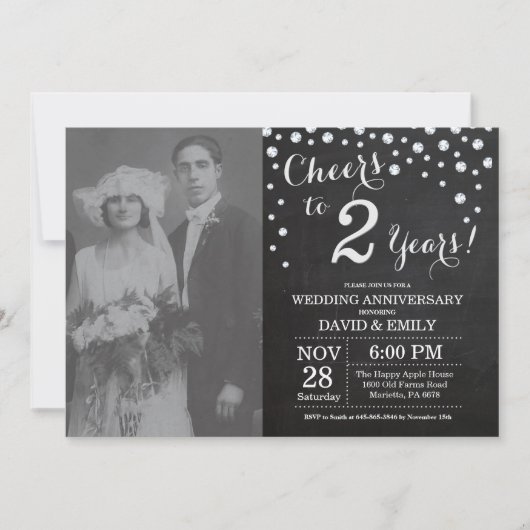 結婚2周年記念 黒と銀の黒板 招待状 (正面)