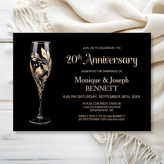 結婚20周年シャンパングラス ゴールドリーフ 招待状
