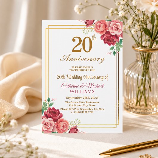 結婚20周年記念 ゴールドフレームと花模様 招待状