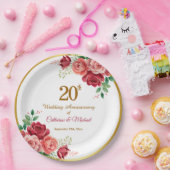結婚20周年記念 ゴールドフレームと花 ペーパープレート (パーティー)