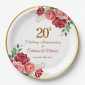 結婚20周年記念 ゴールドフレームと花 ペーパープレート (正面)